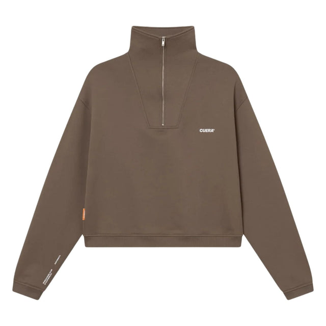 Bruine Cuera Offcourt sweater met halve rits plat gefotografeerd, vooraanzicht met logo