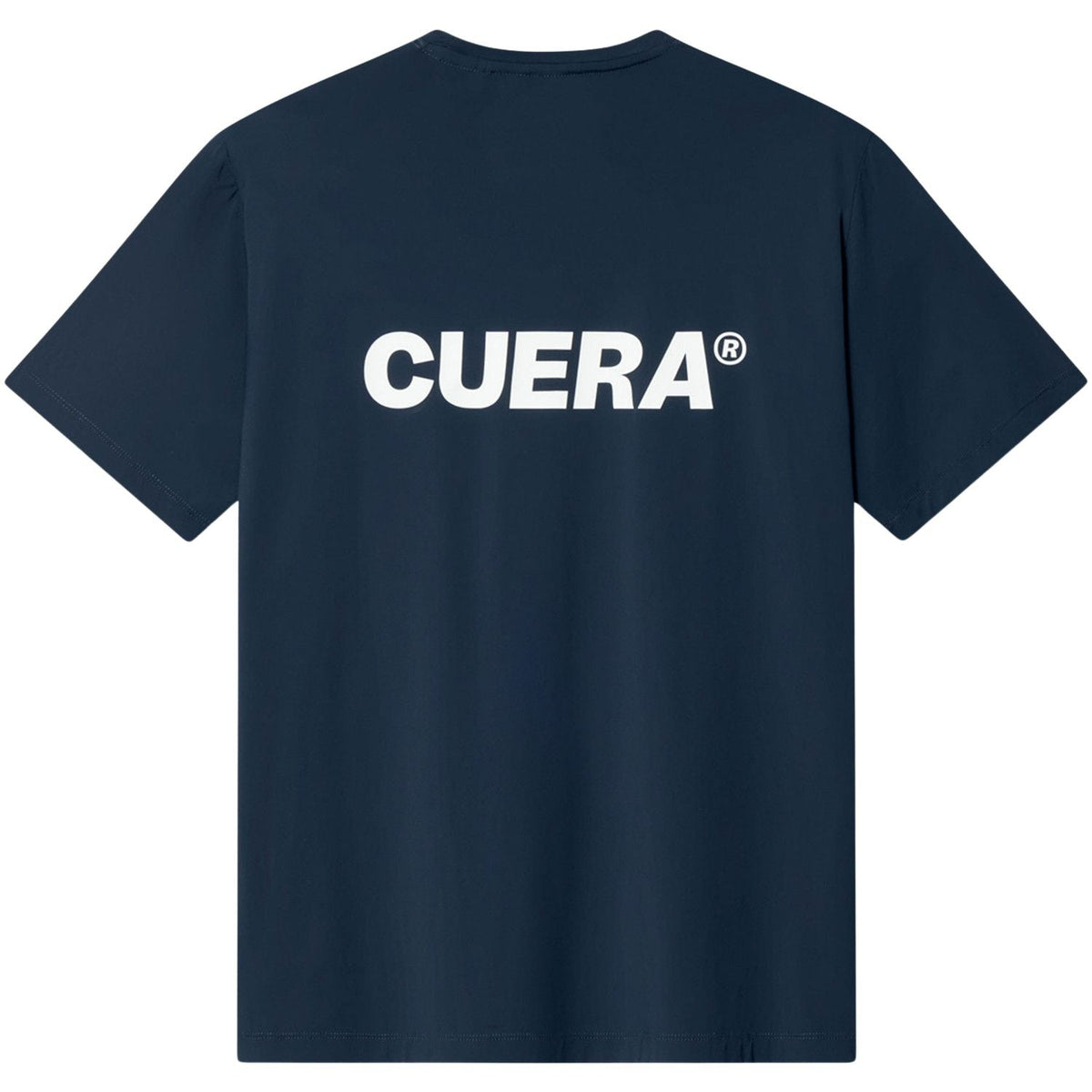 Achterzijde van het donkerblauwe Cuera Oncourt Airy T-shirt met groot wit CUERA-logo