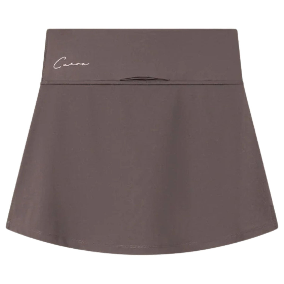 Detail van de tailleband met Cuera-logo van de grijsbruine Oncourt Skirt 2-In-1