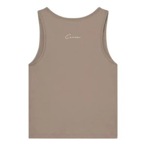 Achterzijde van de taupekleurige Cuera Oncourt Slim Tank Top met klein script-logo