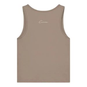 Achterzijde van de Cuera Oncourt Slim Tank Top Walnut met klein script-logo