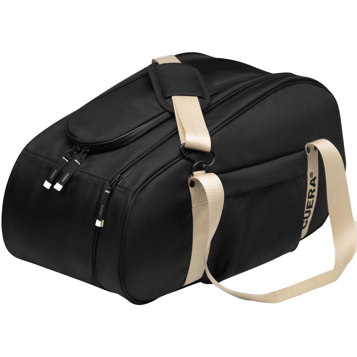 Zijaanzicht van de zwarte Cuera Oncourt Medium racketbag met beige draagband en ritsvak