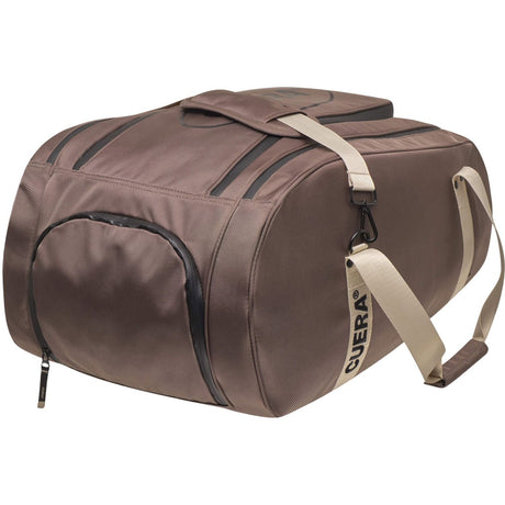 Zijaanzicht van de bruine Cuera Oncourt Premium racketbag met beige schouderband en rits