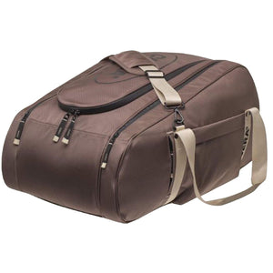 Schuin aanzicht van de bruine Cuera Oncourt Premium met voorvak en beige draagband