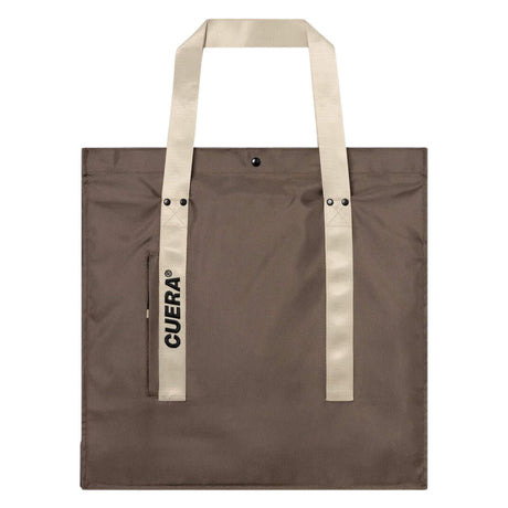 Vooraanzicht van de bruine Cuera Active shopper met lange beige draagbanden en merklogo