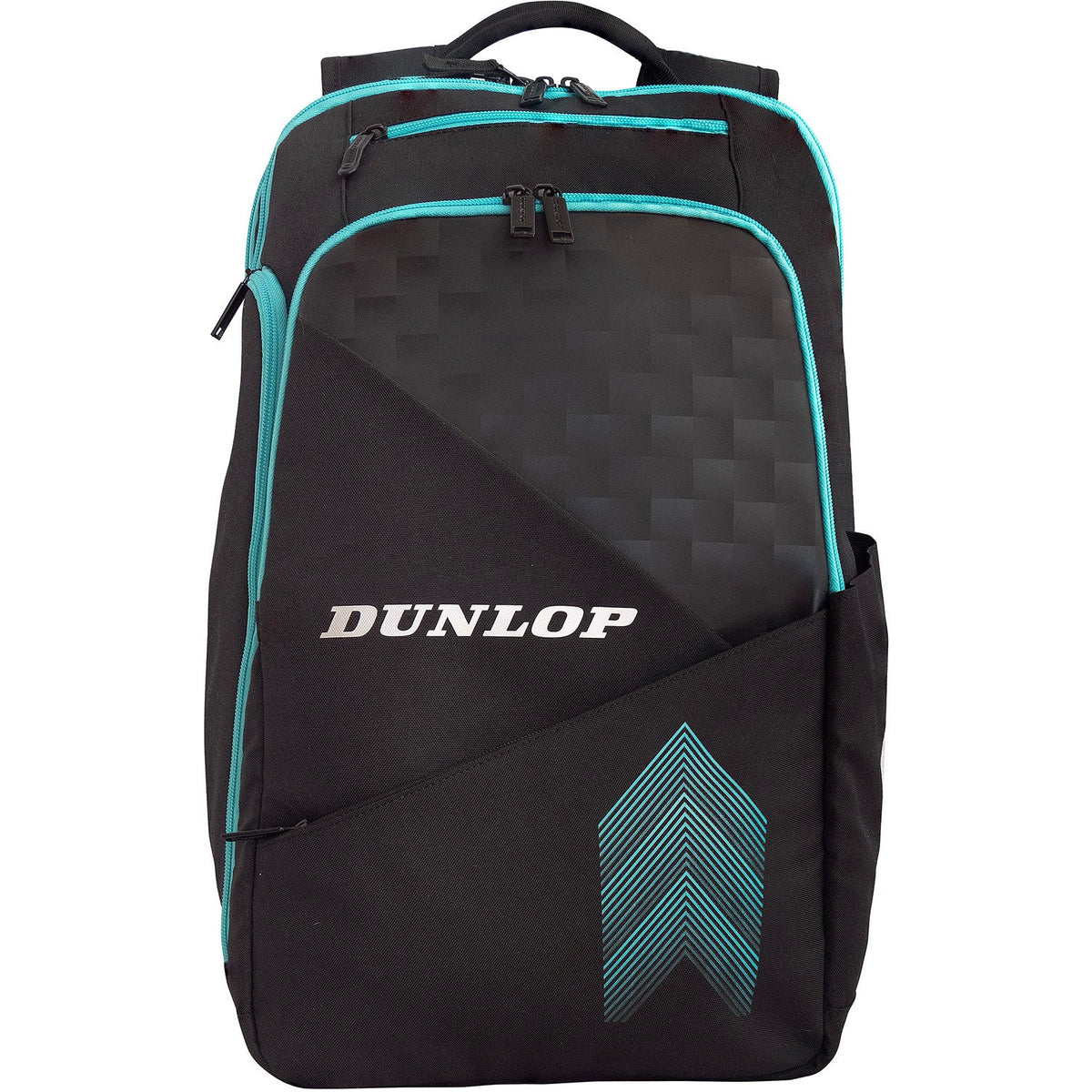 Andere zijde van de zwarte Dunlop Elite backpack met turquoise pijlmotief en zijcompartiment
