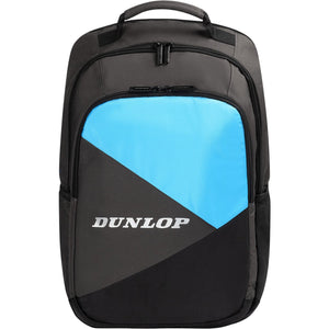 Vooraanzicht van de Dunlop FX Performance rugzak in antraciet met helderblauw voorpaneel
