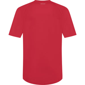 Achterzijde van het rode Dunlop Club T-shirt met afgeronde zoom