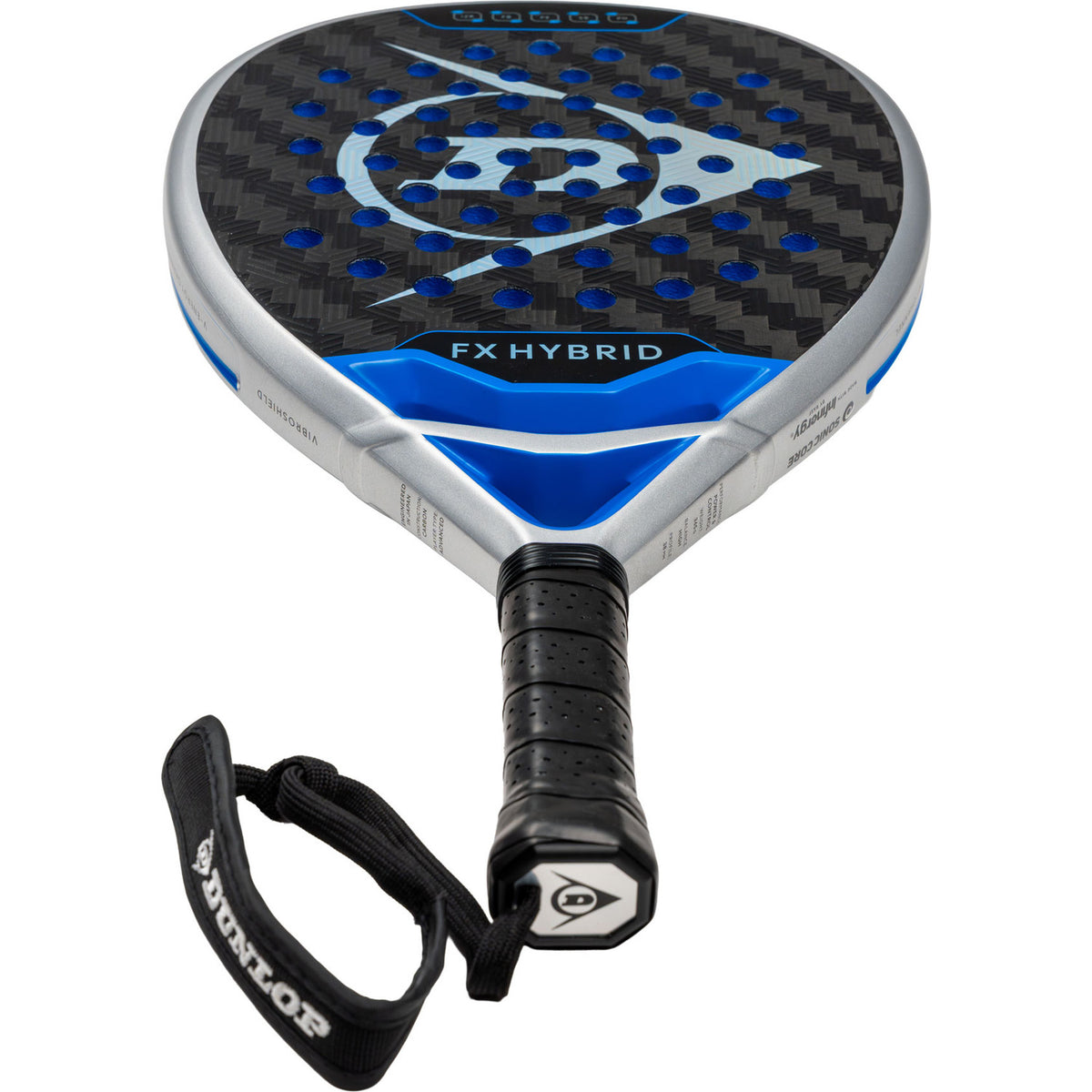 Dunlop FX Hybrid 26 padelracket schuin liggend met blauwe FX Hybrid-opdruk