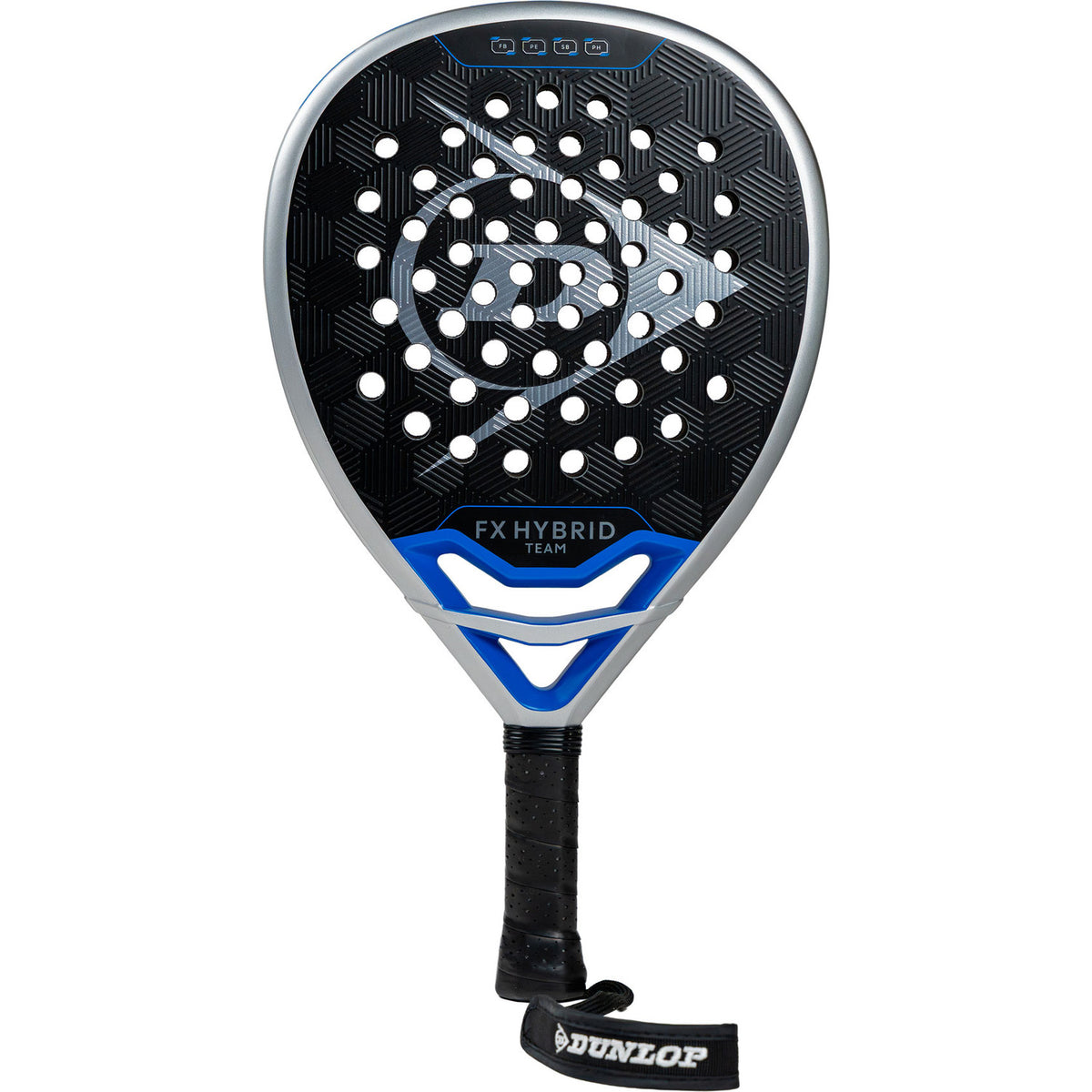 Dunlop FX Hybrid Team 26 padelracket in zwart met blauw en zilver, vooraanzicht
