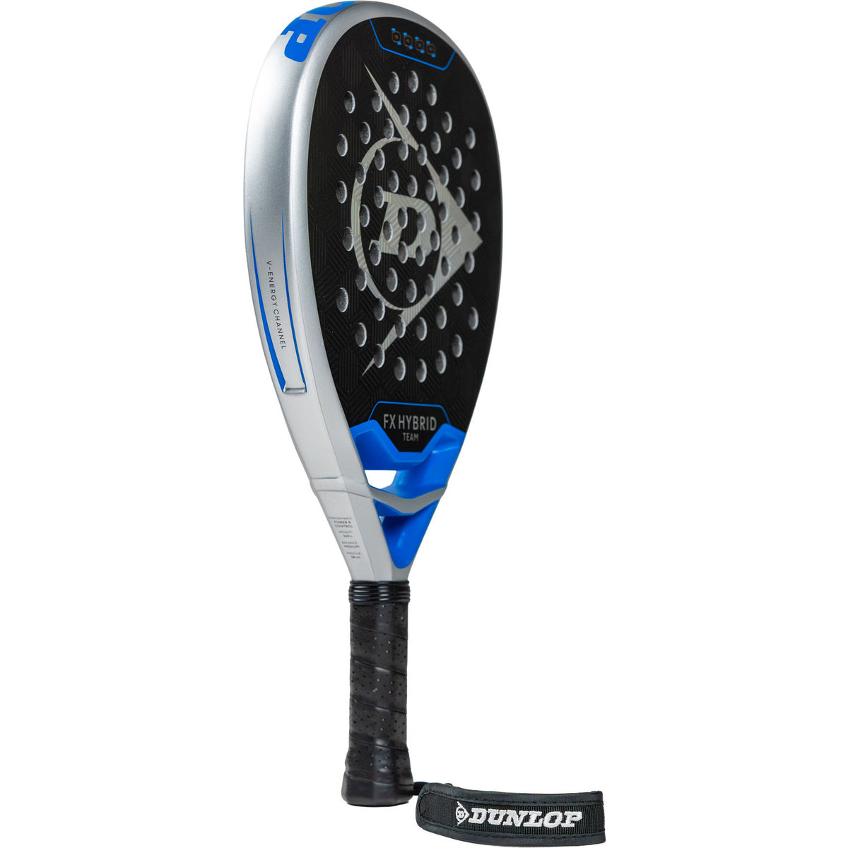 Dunlop FX Hybrid Team 26 padelracket schuin vooraanzicht met Dunlop-polsband