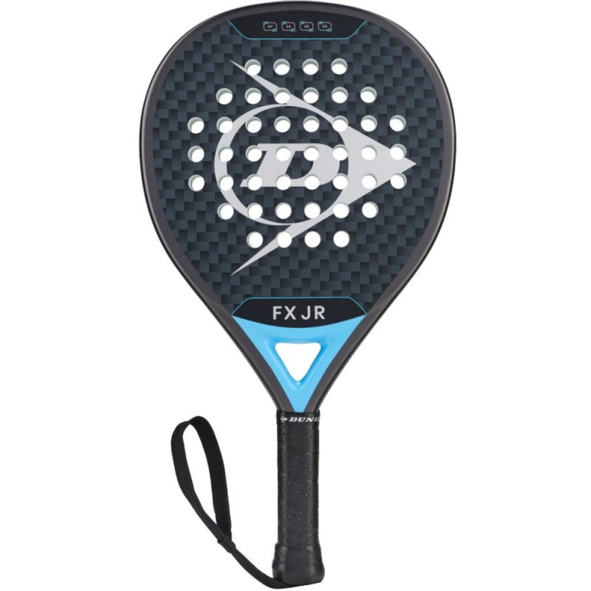 Dunlop FX JR 26 junior padelracket in zwart met lichtblauwe accenten, vooraanzicht