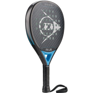 Dunlop FX JR 26 junior padelracket schuin vooraanzicht, ronde vorm in zwart en lichtblauw