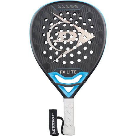 Dunlop FX Lite 26 padelracket in zwart met blauwe framerand en witte grip, vooraanzicht