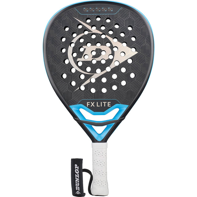 Dunlop FX Lite 26 padelracket in zwart met blauwe framerand en witte grip, vooraanzicht