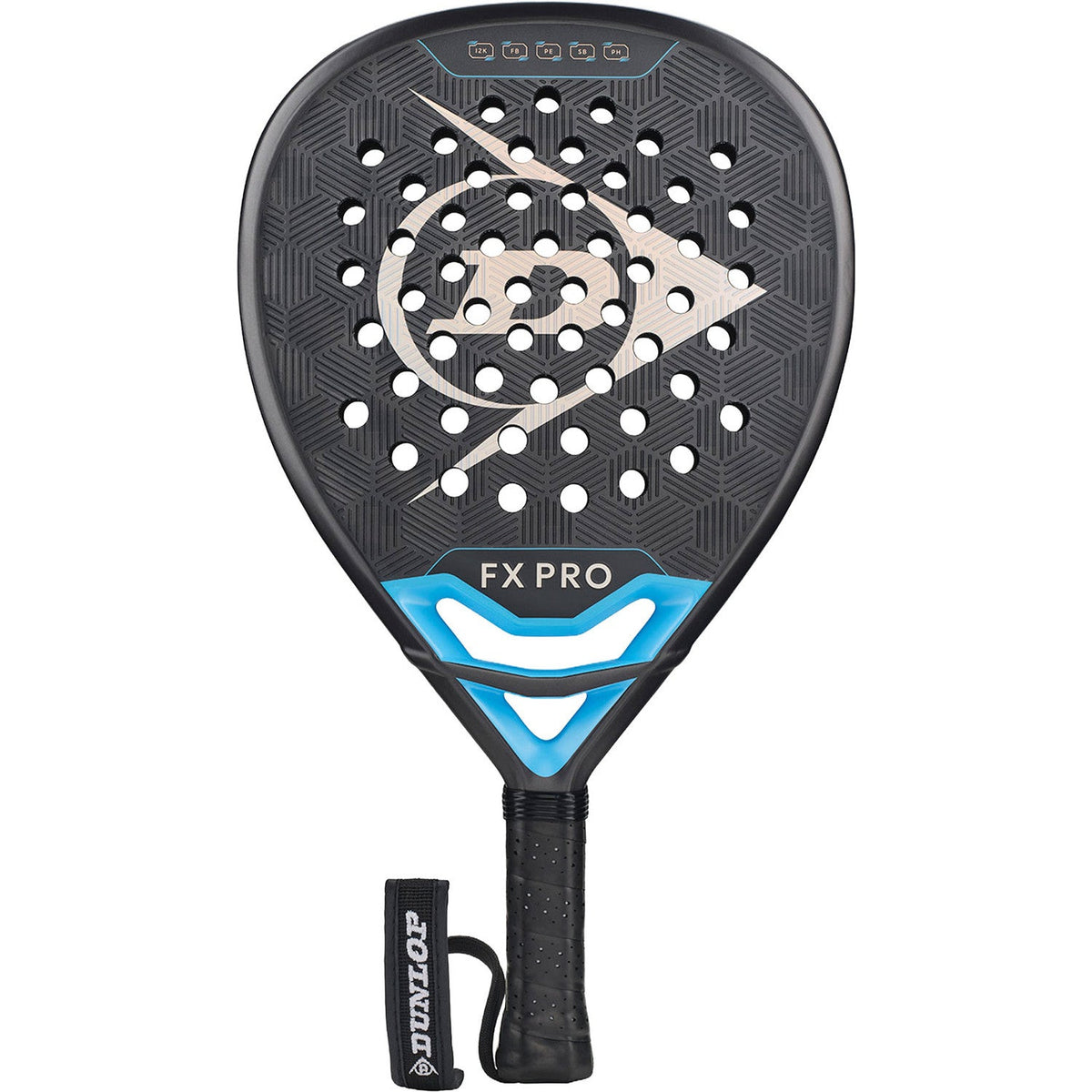 Dunlop FX Pro 26 padelracket in zwart met blauwe accenten in het hart, vooraanzicht