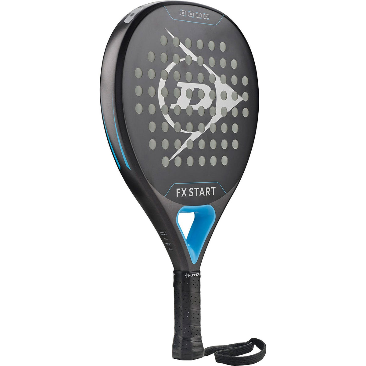 Dunlop FX Start 26 padelracket schuin vooraanzicht, druppelvorm in zwart met lichtblauw