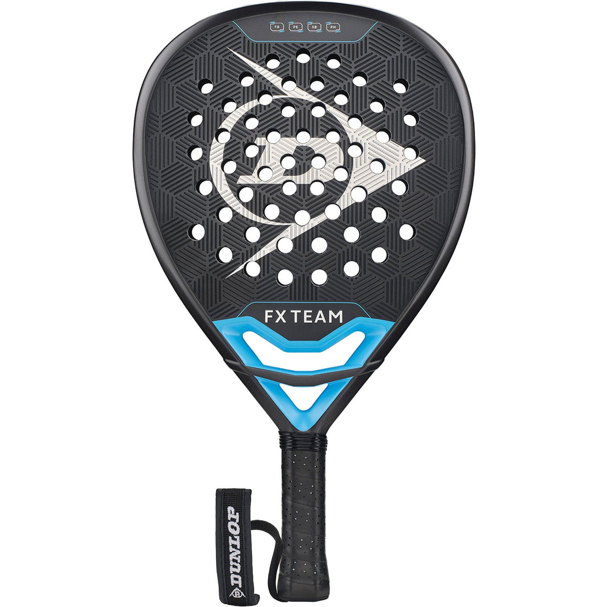Dunlop FX Team 26 padelracket in zwart met blauwe band onder het slagvlak, vooraanzicht