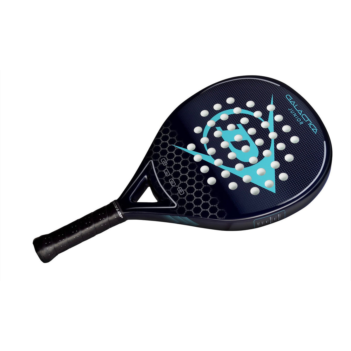 Dunlop Galactica Junior 2025 schuin van boven met turquoise patroon op het slagvlak