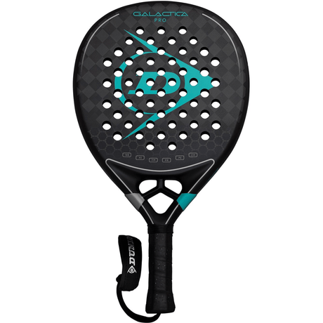 Dunlop Galactica Pro 2025 padelracket in zwart met turquoise stippen op het slagvlak, vooraanzicht