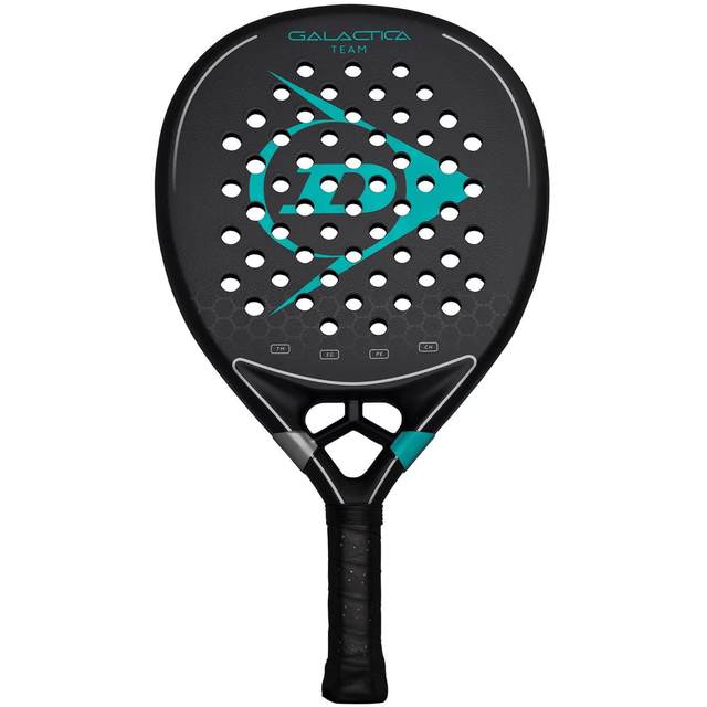 Dunlop Galactica Team 2025 padelracket in zwart met turquoise Dunlop-logo, vooraanzicht