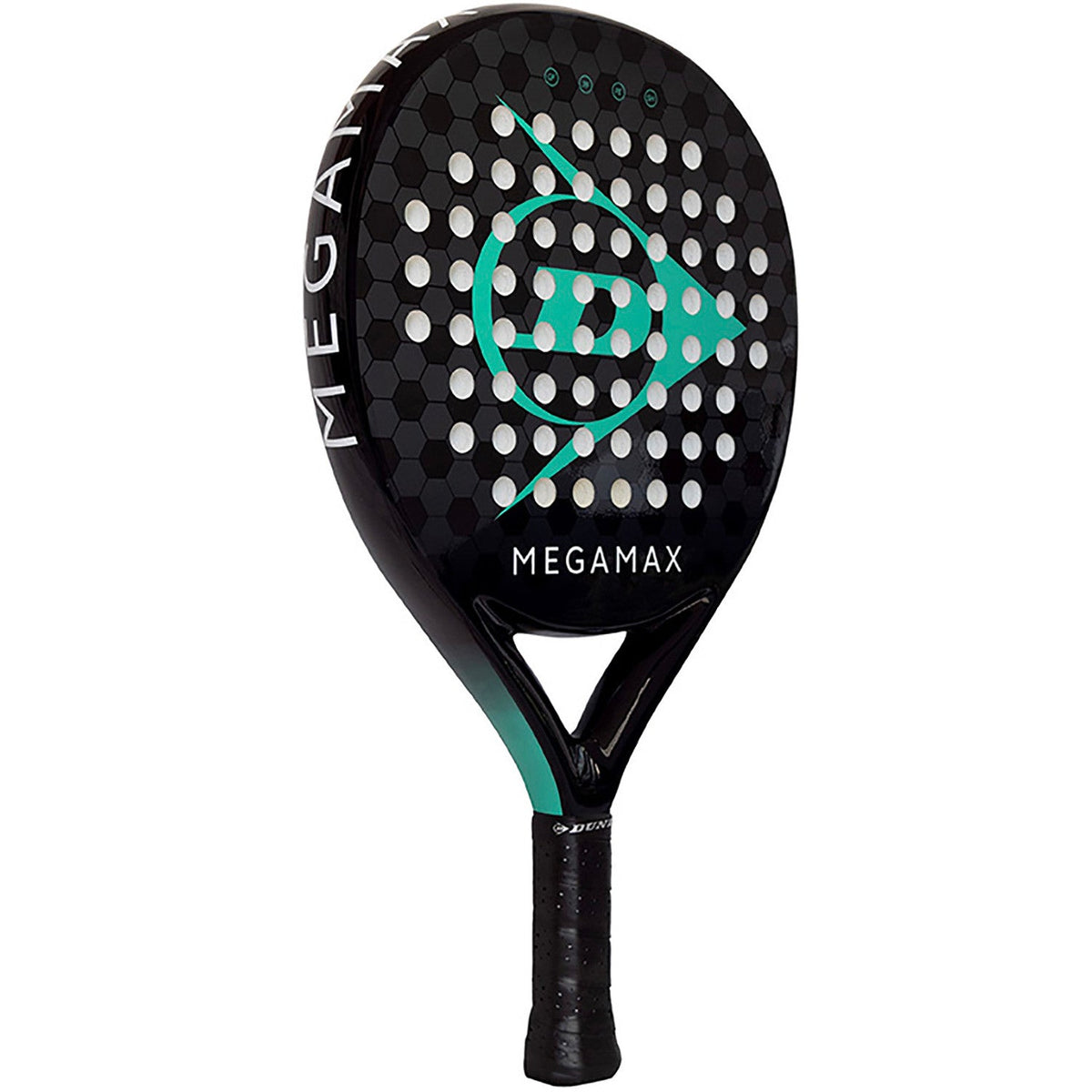 Dunlop Megamax Black padelracket schuin vooraanzicht, ronde vorm in zwart met turquoise