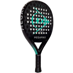 Dunlop Megamax Black padelracket schuin vooraanzicht, ronde vorm in zwart met turquoise