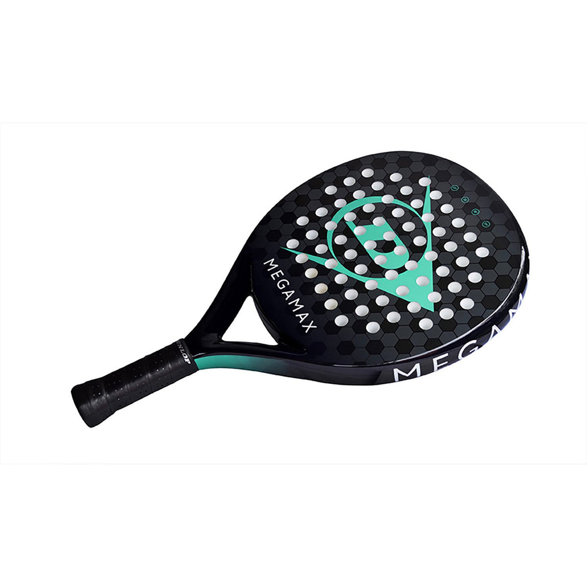 Het Dunlop Megamax Black padelracket liggend schuin met zicht op slagvlak en grip