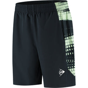 Dunlop Mens Game Shorts Black/Fair Green, vooraanzicht in zwart met lichtgroen blokpatroon op de zijpijp