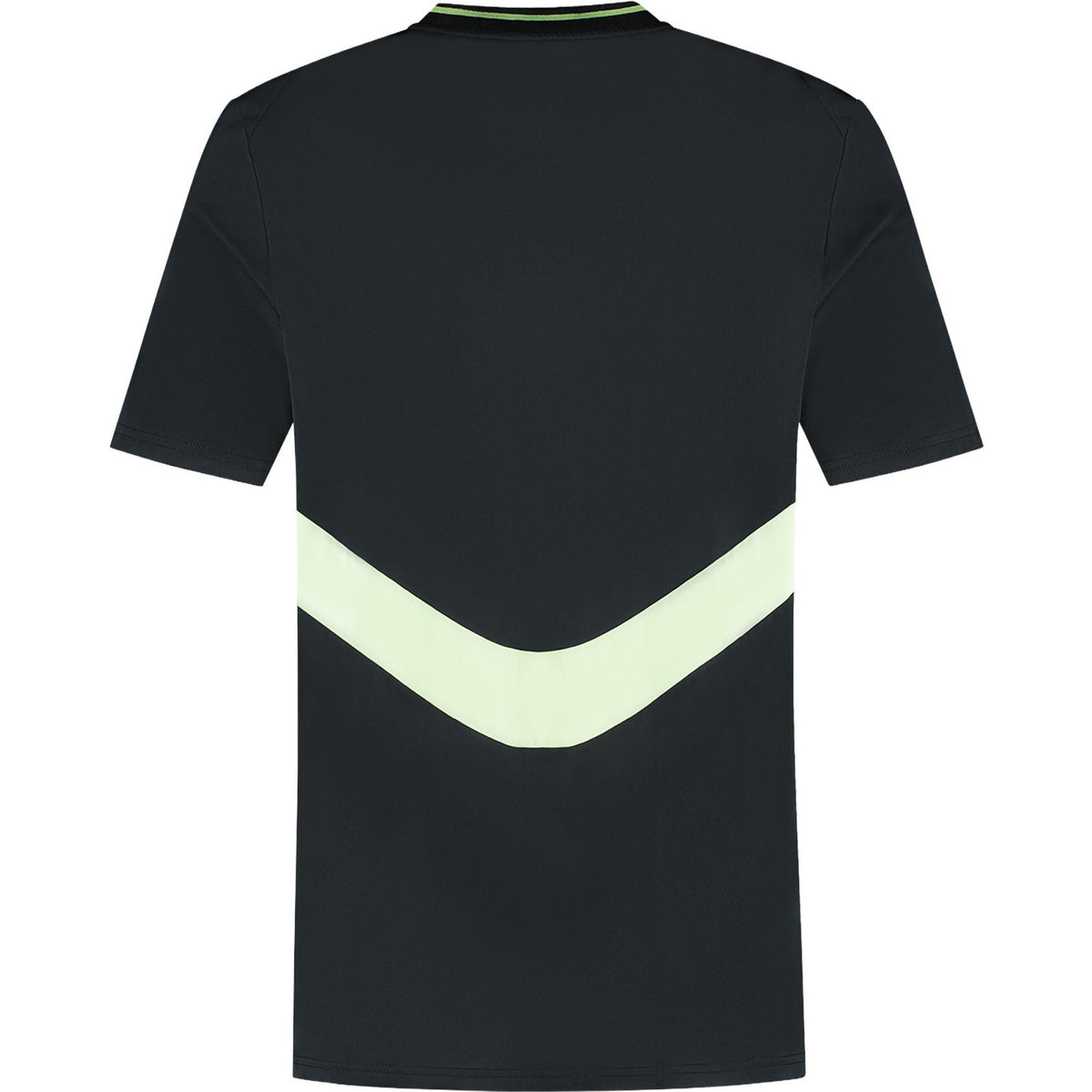 Achterzijde van het zwarte Dunlop Game Tee 1 met lichtgroene V-streep