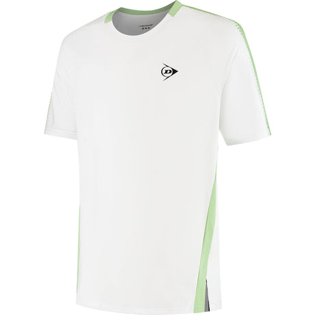 Dunlop Game Tee 2 voor heren in wit met lichtgroene zijbies, vooraanzicht