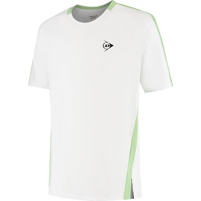 Dunlop Game Tee 2 voor heren in wit met lichtgroene zijbies, vooraanzicht