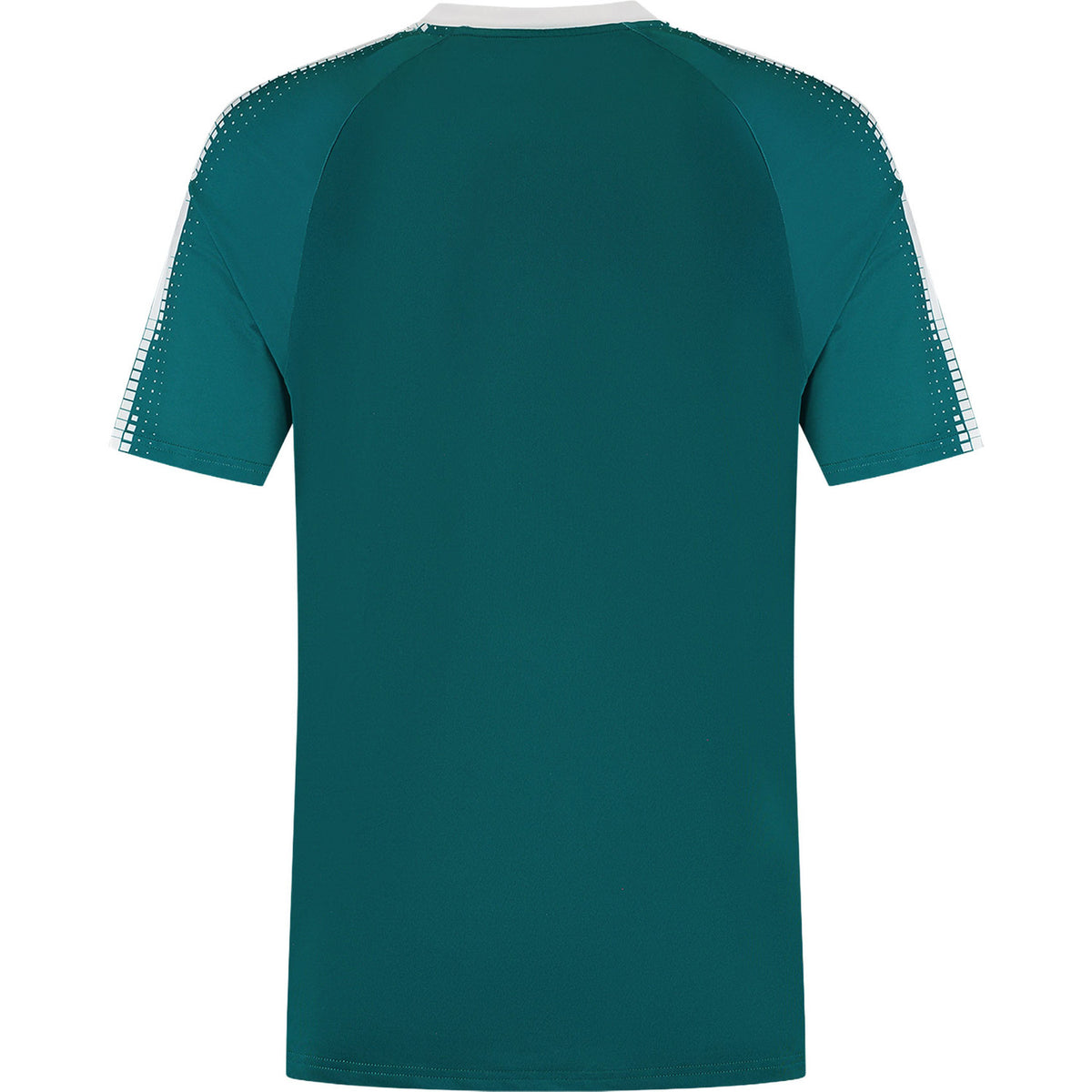 Achterzijde van het petrolgroene Dunlop Game Tee 2 met schouderprint