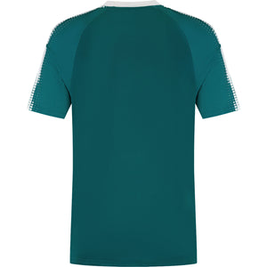 Achterzijde van het petrolgroene Dunlop Game Tee 2 met schouderprint