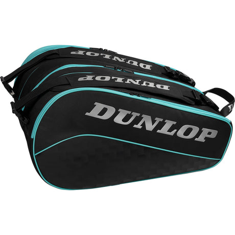 Zijaanzicht van de zwarte Dunlop Elite padeltas met turquoise biezen en zilvergrijs logo