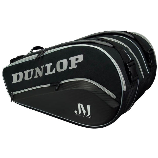 Zijaanzicht van de zwarte Dunlop Elite padeltas met zilvergrijs logo en JM-signatuur