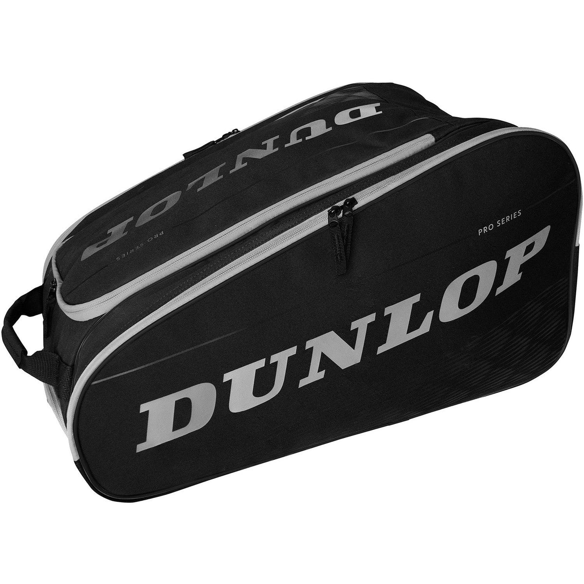 Zijaanzicht van de zwarte Dunlop Pro Serie padeltas met zilvergrijze strepen en groot logo