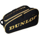 Zijaanzicht van de zwarte Dunlop Pro Serie padeltas met goudkleurige biezen en geel logo