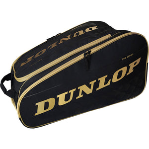 Zijaanzicht van de zwarte Dunlop Pro Serie padeltas met goudkleurige biezen en geel logo