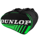 Zijaanzicht van de zwarte Dunlop Intro racketbag met groen vlak en wit Dunlop-logo
