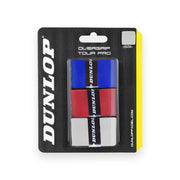 Dunlop Tour Pro Overgrip Mix, verpakking met blauwe, rode en witte overgrip