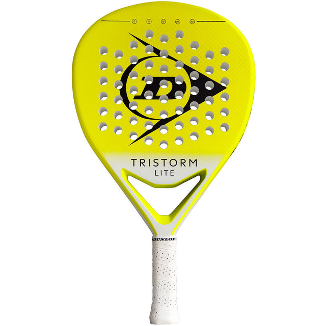 Dunlop Tristorm Lite 2025 padelracket in geel met zwart logo en witte grip, vooraanzicht