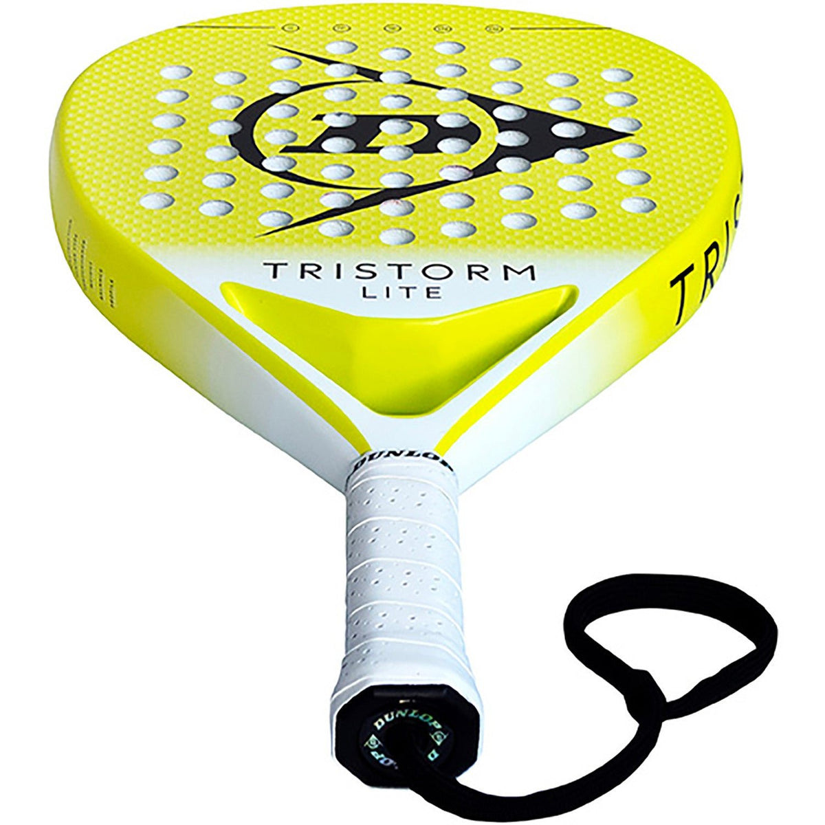 Close-up van de witte grip en zwarte polsband van het Dunlop Tristorm Lite 2025