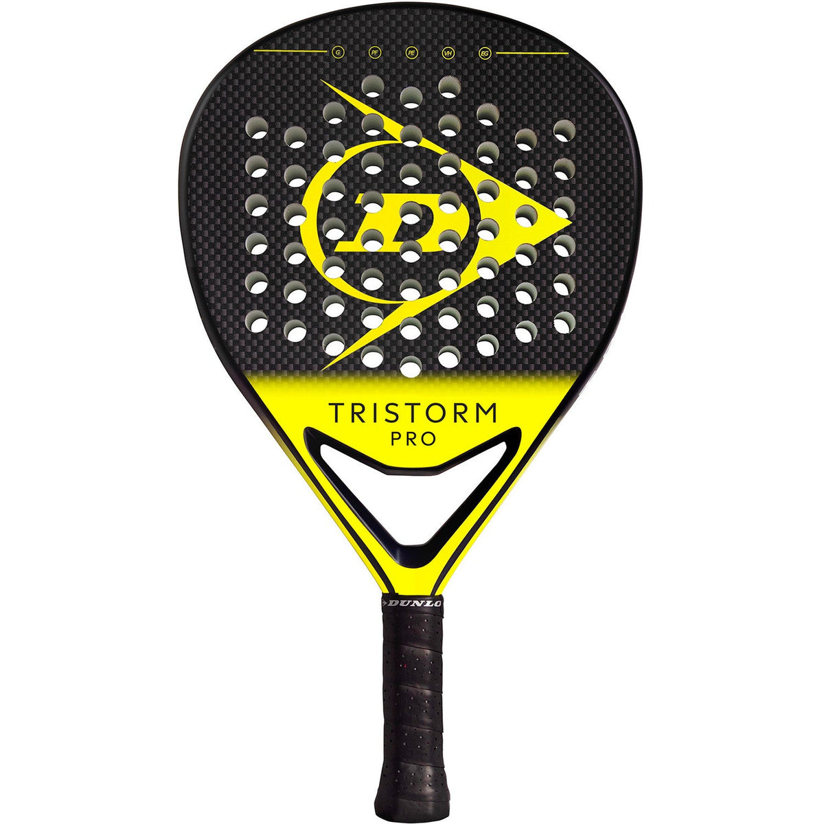 Dunlop Tristorm Pro 2025 padelracket in zwart met geel logo en gele hartbrug, vooraanzicht
