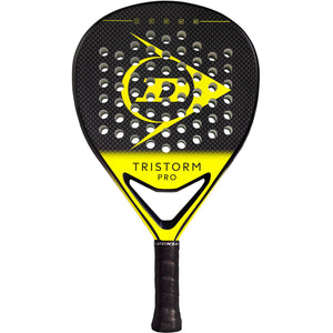 Dunlop Tristorm Pro 2025 padelracket in zwart met geel logo en gele hartbrug, vooraanzicht