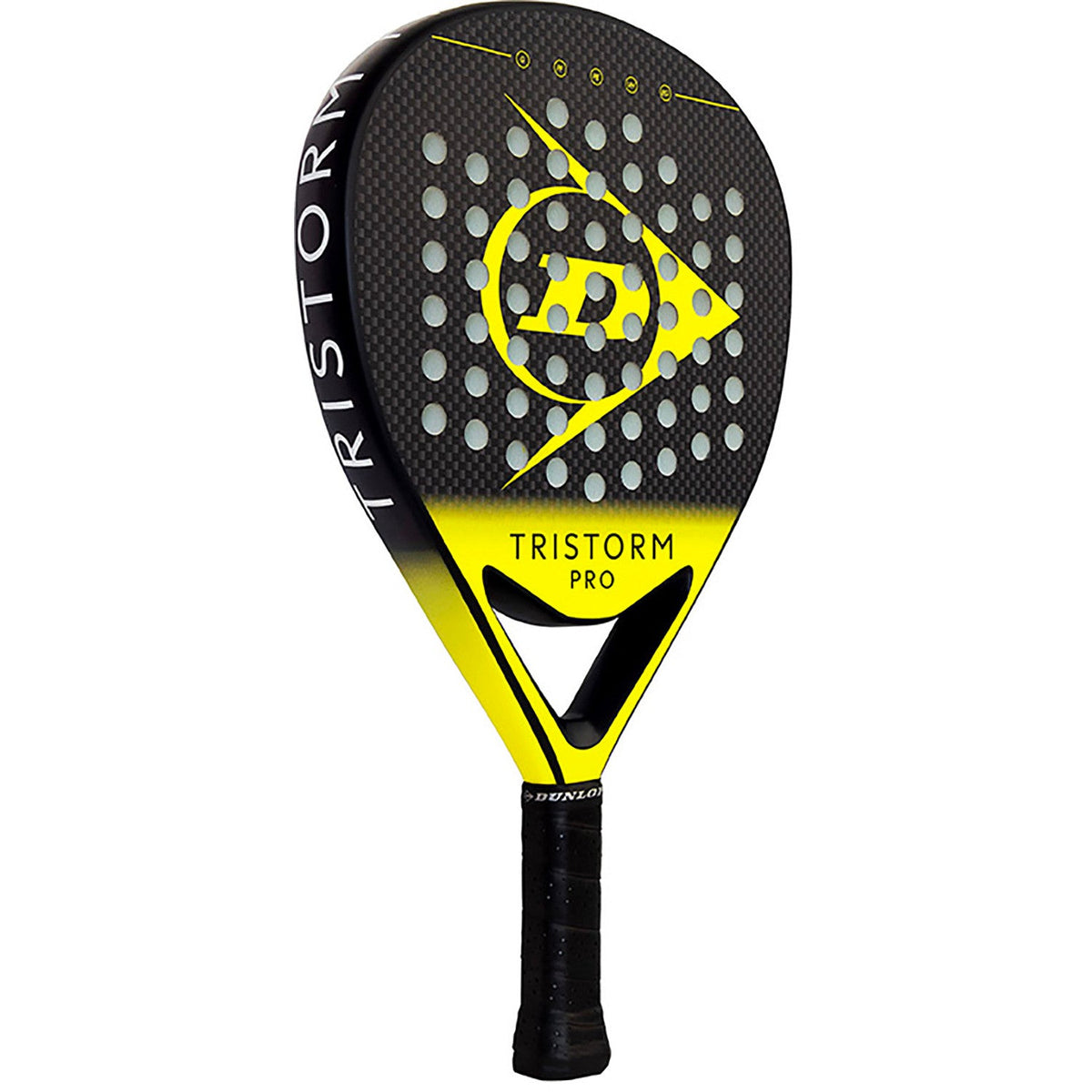Dunlop Tristorm Pro 2025 padelracket schuin vooraanzicht, diamantvorm in zwart met geel