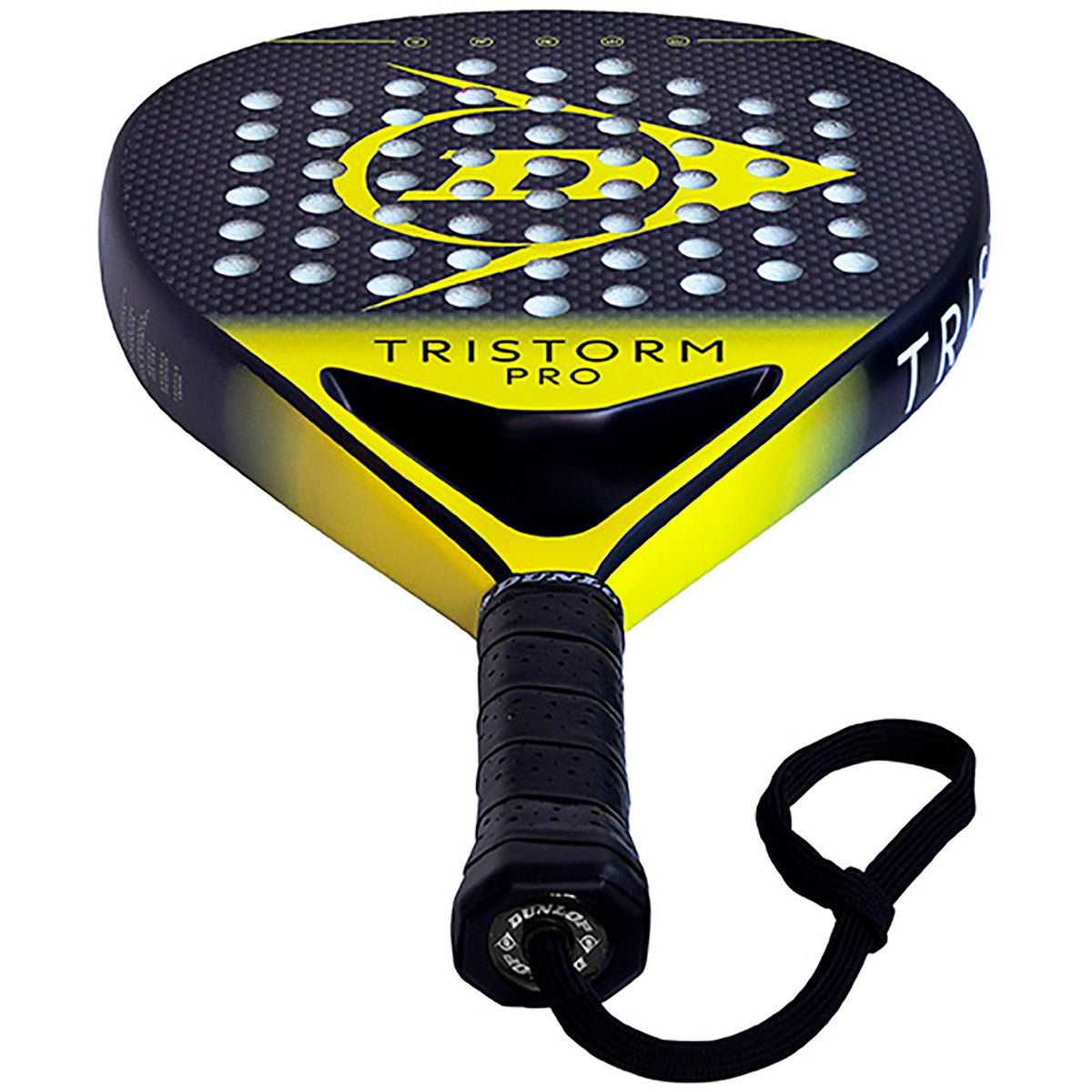 Close-up van de zwarte grip en polsband van het Dunlop Tristorm Pro 2025