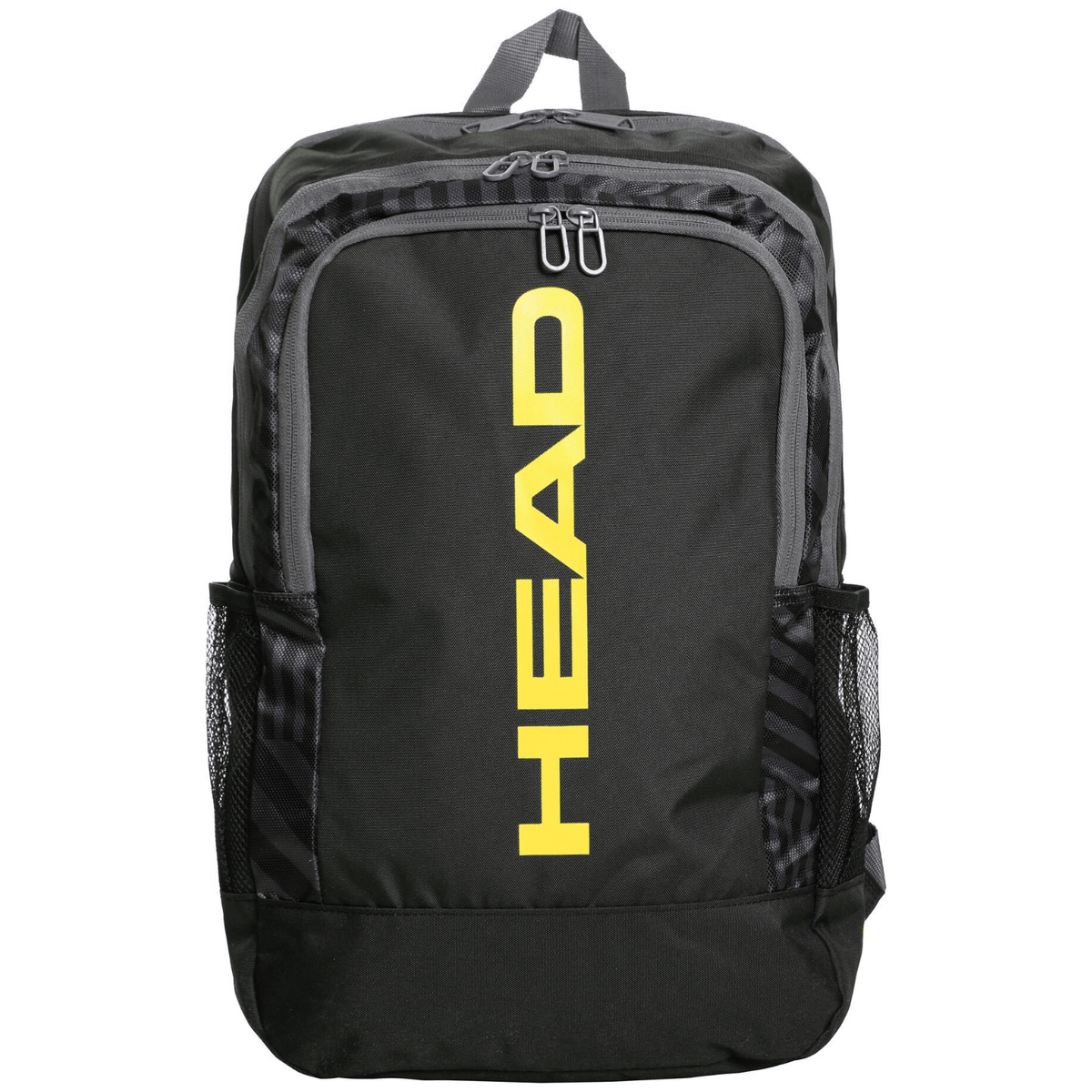 Vooraanzicht van de zwarte Head 17L rugzak met geel Head-logo en twee zijvakken