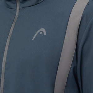 Detail van het Head Club 25 Jacket in Navy - HEAD-logo, rits en grijze contrastbies van dichtbij