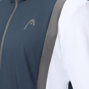 Detail van het Head Club 25 Jacket in Navy/White - HEAD-logo, rits en grijze contrastbies van dichtbij